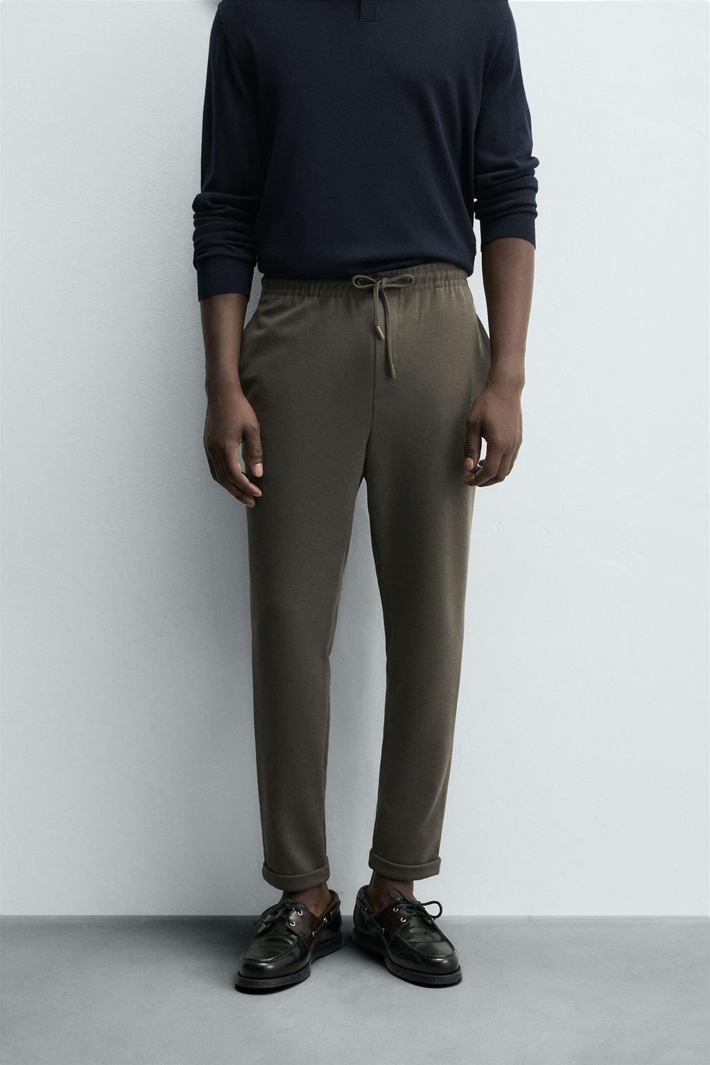 Men's Premium Olive Textured Knit Trousers – Smart Casual Tapered Fit