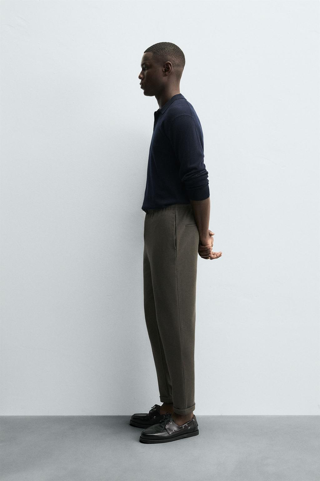 Men's Premium Olive Textured Knit Trousers – Smart Casual Tapered Fit