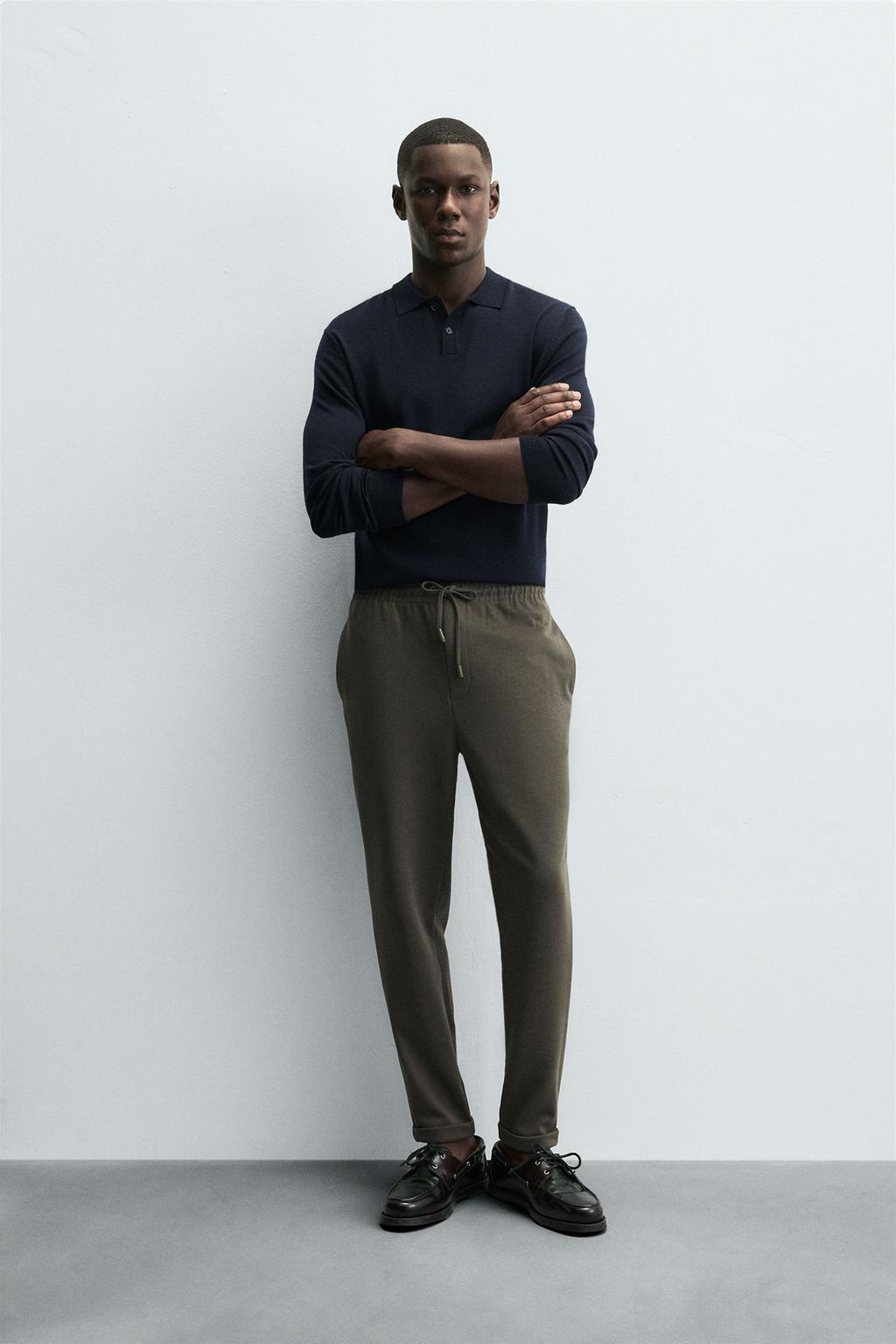 Men's Premium Olive Textured Knit Trousers – Smart Casual Tapered Fit