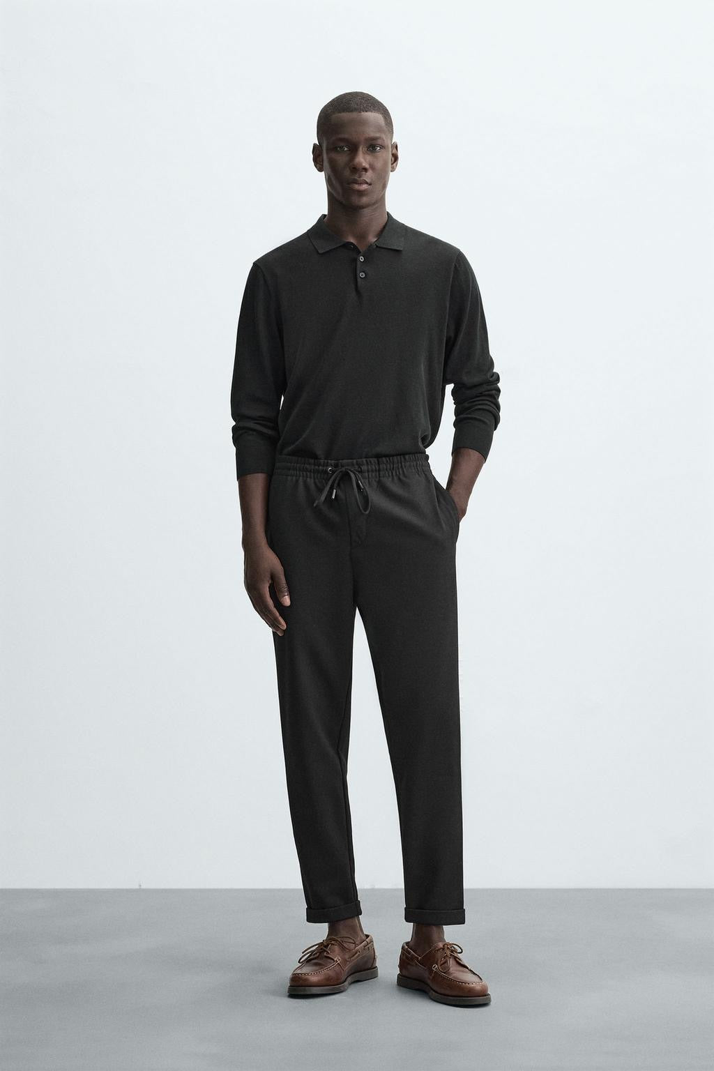 Structured Knit Travel Trousers in Black