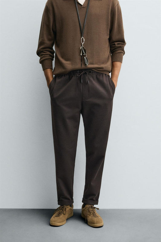 Structured Knit Travel Trousers in Chocolate Brown