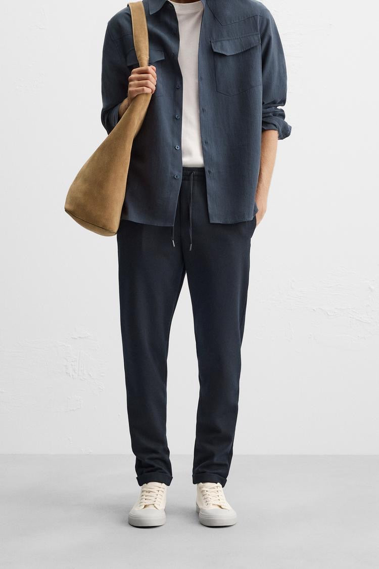 Structured Knit Travel Trousers in Navy