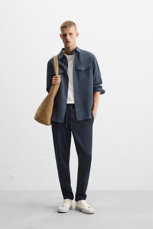 Structured Knit Travel Trousers in Navy